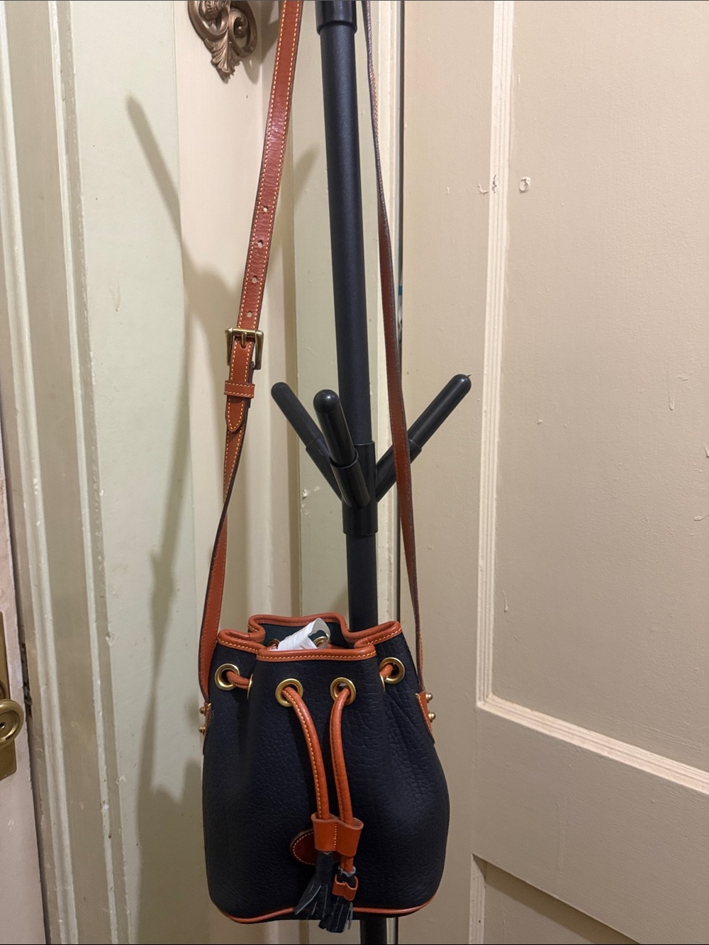 Dooney & Bourke Leather Drawstring Crossbody with Brown Trim - Picture 1 of 6
